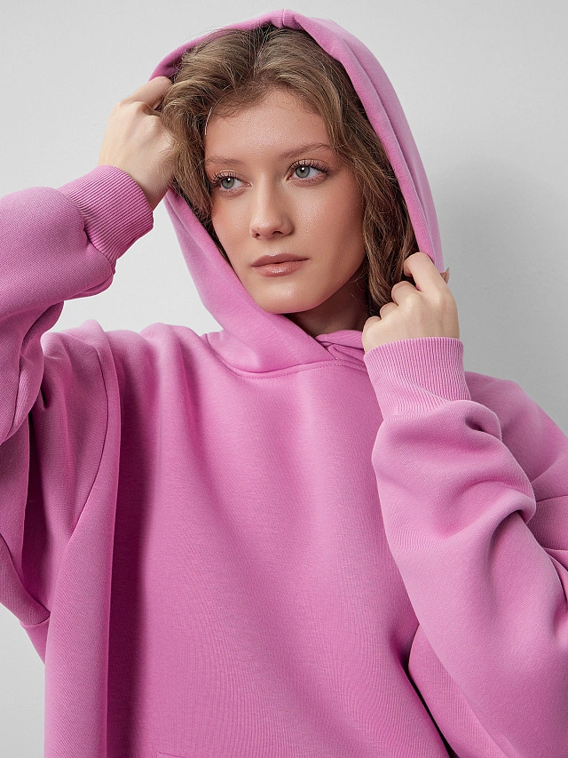 Теплое худи женское розовое с капюшоном - 4