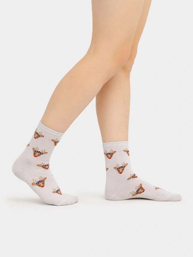 

Носки женские розовые с люрексом и рисунком в виде оленей, Зефирный, 23273K-2