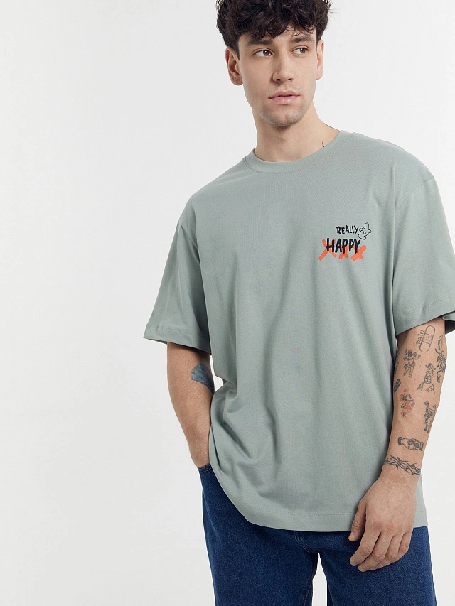 Футболка мужская в серо-зеленом цвете с печатью - 9