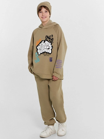 Комплект для мальчиков (худи, брюки) бежевый с печатью