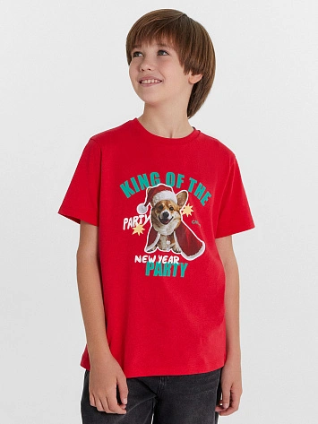 Футболка для мальчиков красная новогодняя с корги