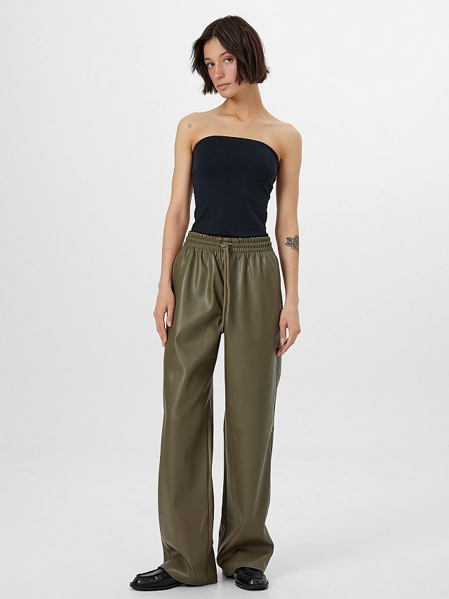 Брюки кожаные женские хаки - 3