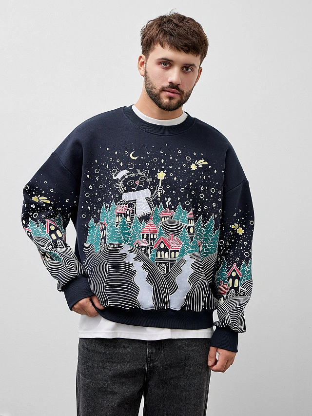 Свитшот мужской синий с новогодним принтом - 9