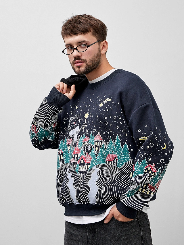 Свитшот мужской синий с новогодним принтом - 10