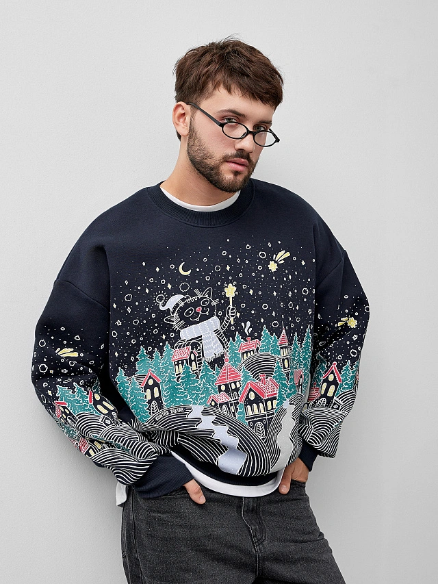 Свитшот мужской синий с новогодним принтом - 11
