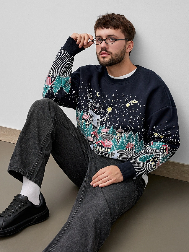 Свитшот мужской синий с новогодним принтом - 12