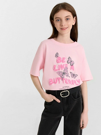 Футболка для девочек розовая с принтом в виде бабочек
