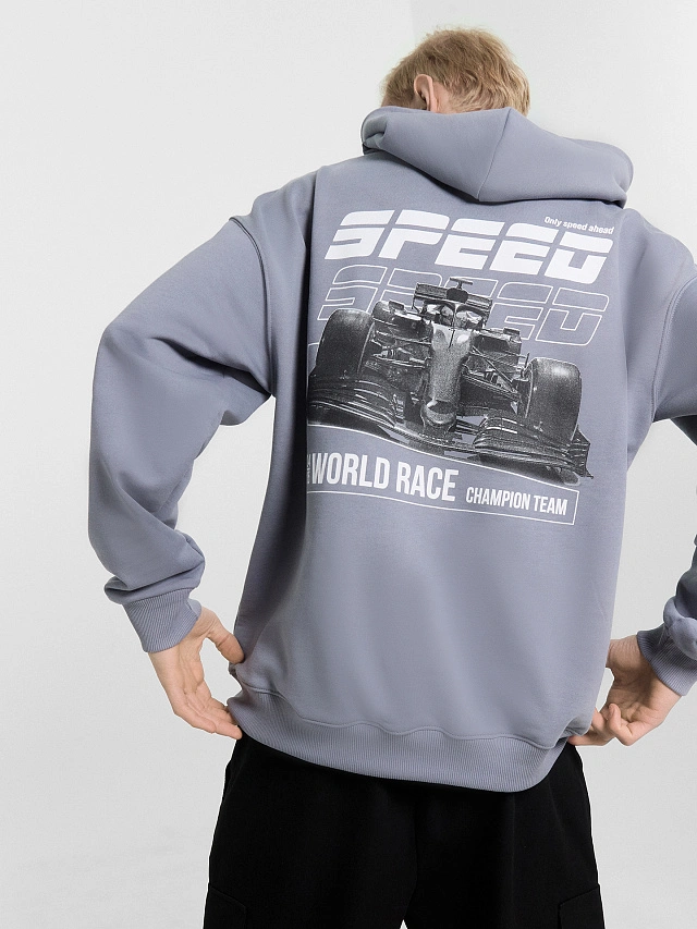 Худи мужское серое с принтом и надписью "world race" - 2