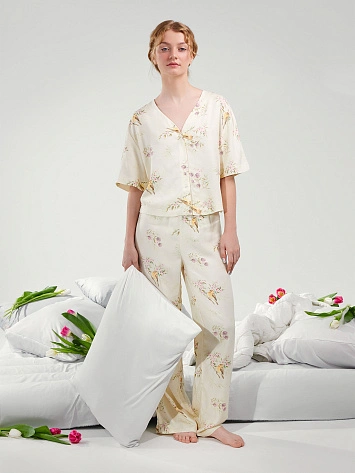 Комплект домашний женский кремовый с принтом "птички"