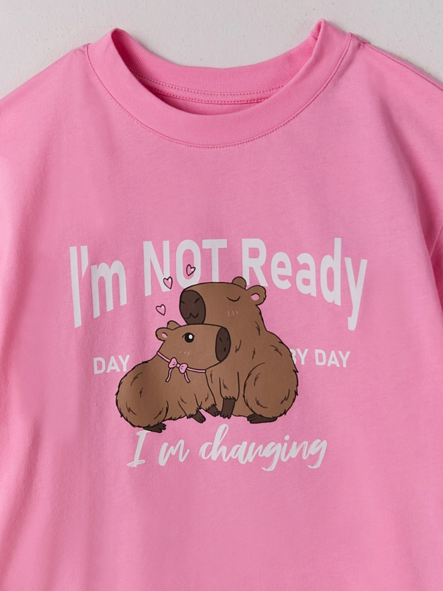 Комплект домашний для девочек розовый с принтом и надписью "i'm not ready" - 7