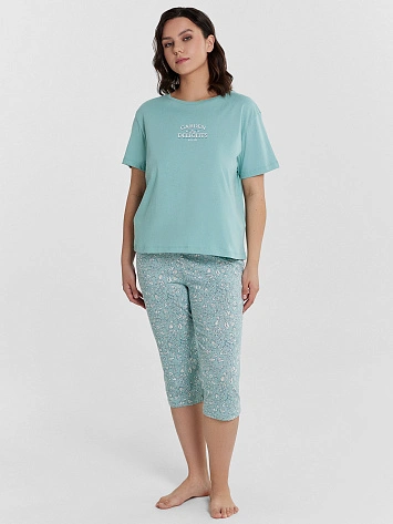 Комплект женский домашний голубой с принтом и надписью "garden delights"