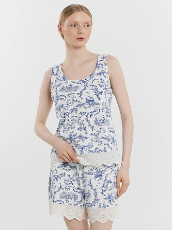 Комплект домашний женский белый с принтом и кружевом