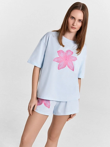 Комплект домашний женский голубой с цветочным принтом