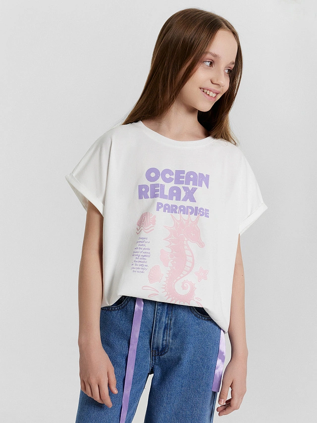 Футболка для девочек белая с принтом и надписью "relax ocean paradise", 117904 - 1 Футболка для девочек белая с принтом и надписью "relax ocean paradise" - 1