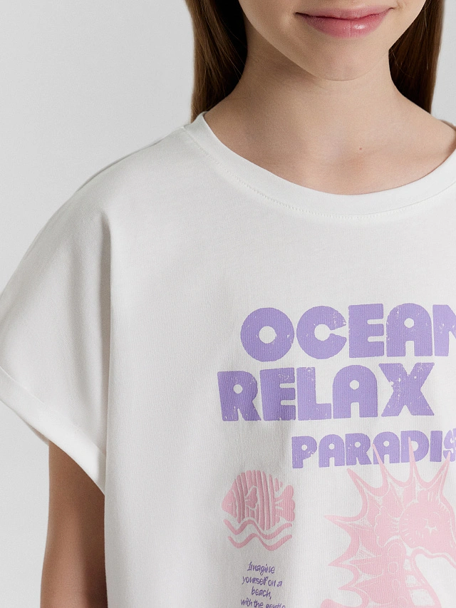 Футболка для девочек белая с принтом и надписью "relax ocean paradise", 117904 - 5 Футболка для девочек белая с принтом и надписью "relax ocean paradise" - 5
