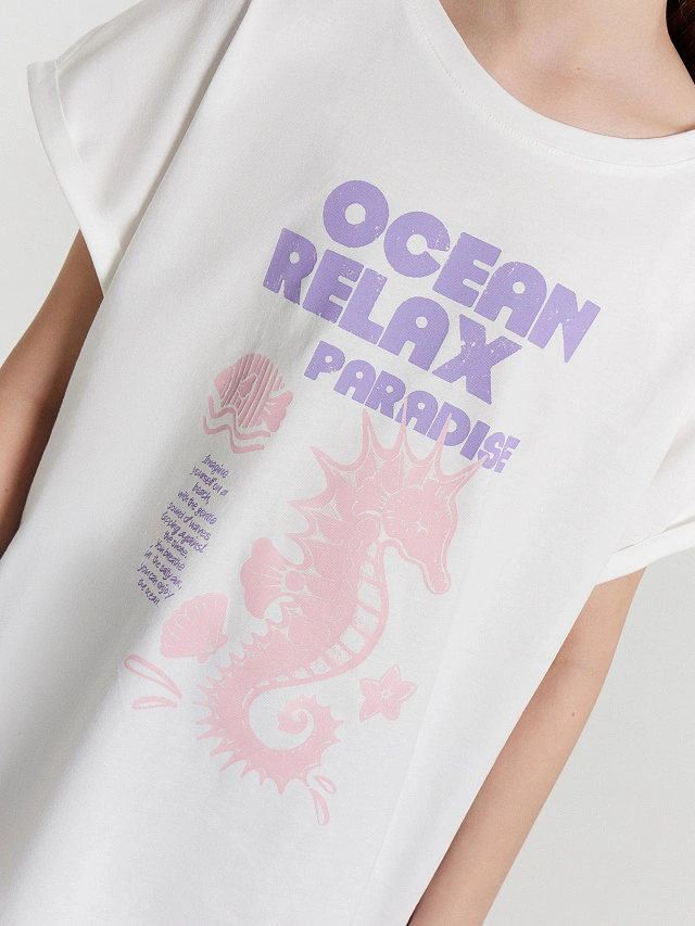 Футболка для девочек белая с принтом и надписью "relax ocean paradise", 117904 - 6 Футболка для девочек белая с принтом и надписью "relax ocean paradise" - 6