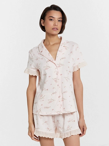 Комплект домашний женский розовый с цветочным принтом