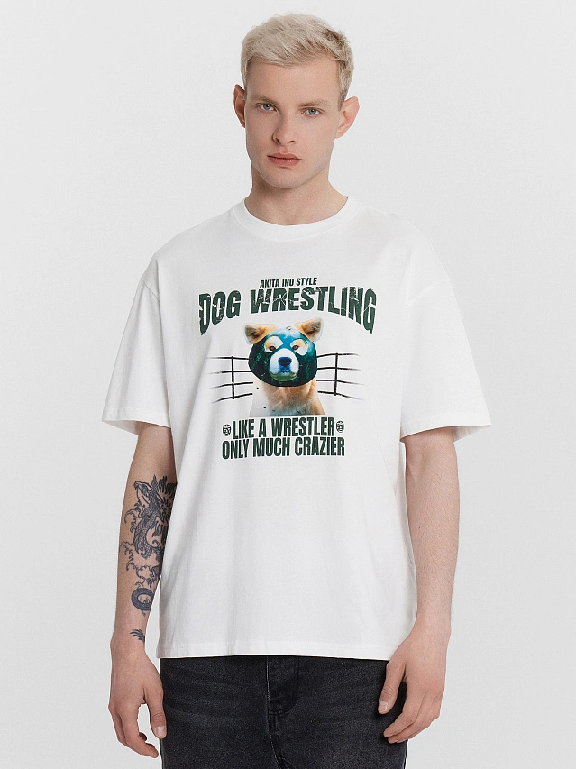 Футболка мужская белая с принтом "Dog wrestling" - 1