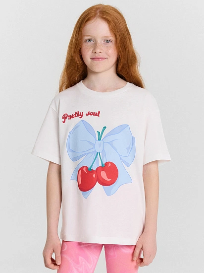 картинка Футболка для девочек белая с принтом и надписью "pretty soul" от известного бренда одежды для девочек Mark Formelle