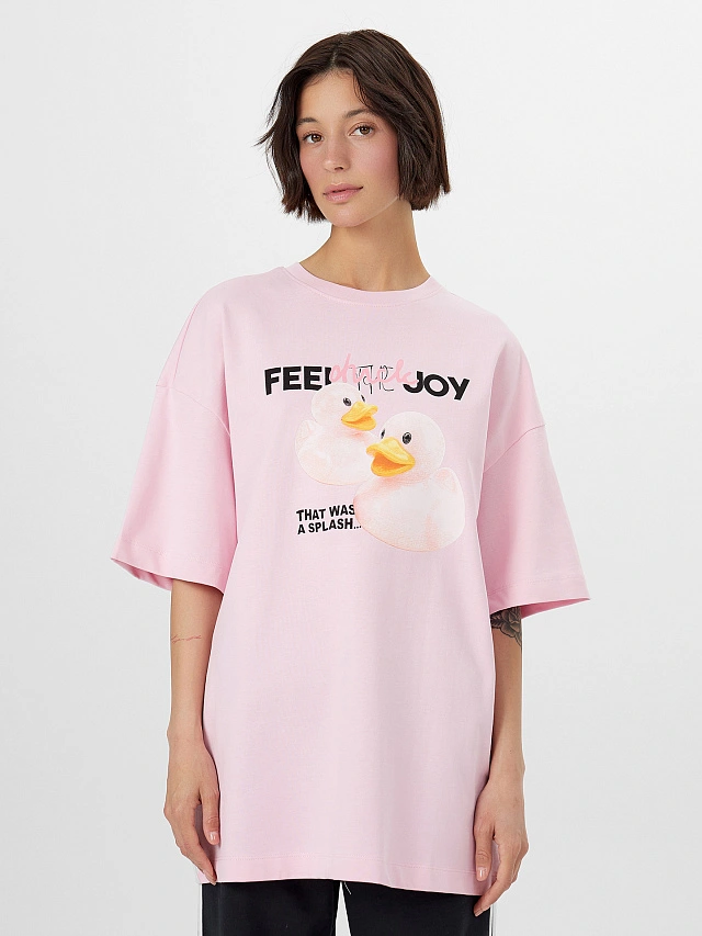Футболка женская розовая с принтом и надписью "feel the joy" - 1