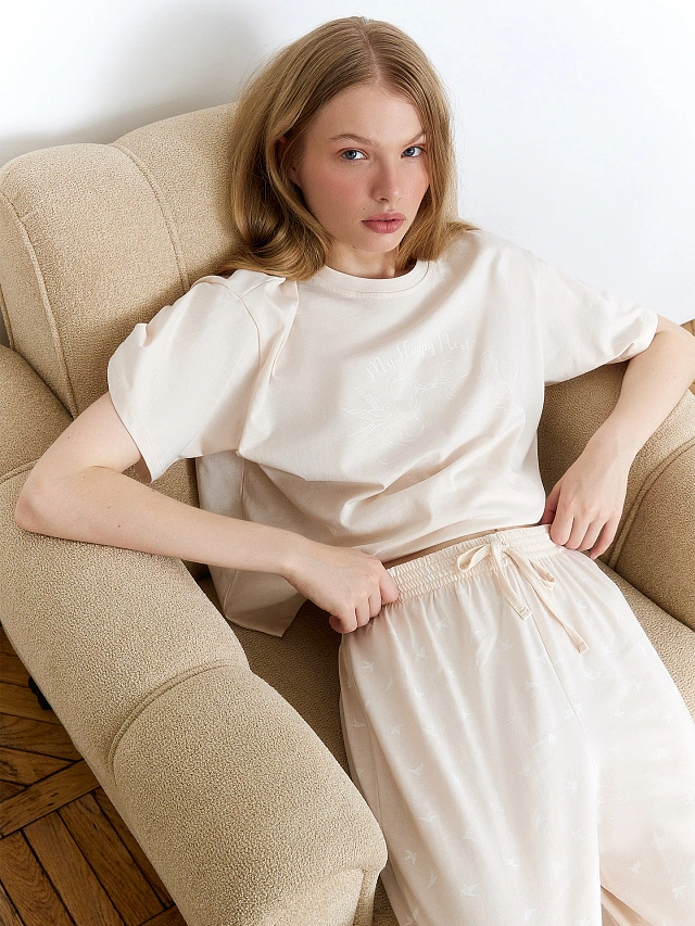 Комплект домашний женский молочный с надписью "my happy nest" - 3