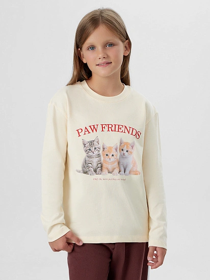 картинка Лонгслив для девочек кремовый с принтом и надписью "Paw friends" от известного бренда одежды для девочек Mark Formelle