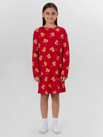 картинка Сорочка ночная для девочек красная с новогодним принтом от известного бренда одежды для девочек Mark Formelle