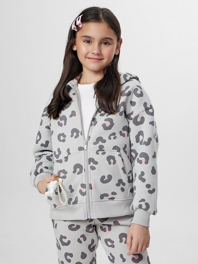Теплая толстовка для девочек серая на молнии с начесом - 8
