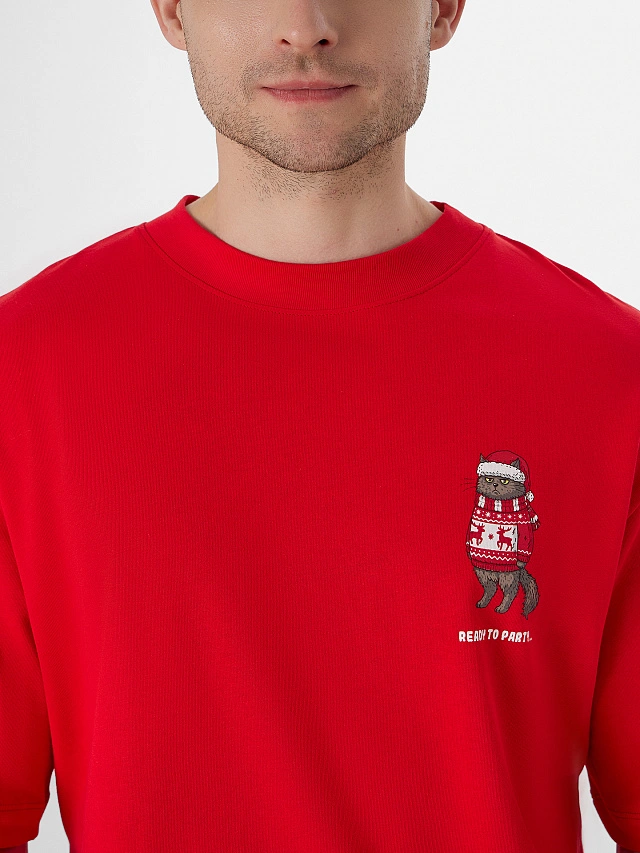 Футболка оверсайз мужская красная с принтом - 5