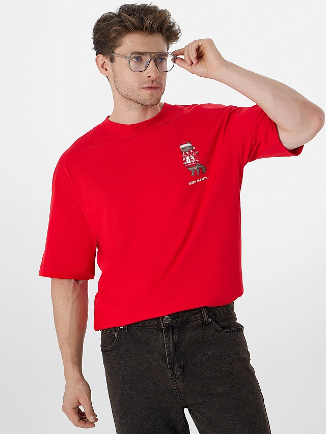 Футболка оверсайз мужская красная с принтом - 7