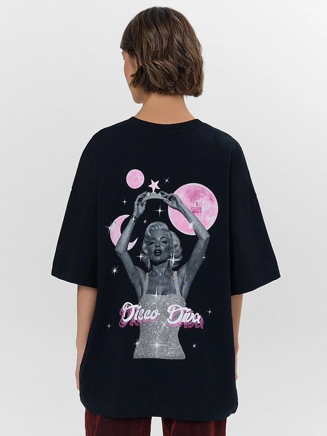 Футболка женская черная с надписью "Disco Diva" оверсайз - 3