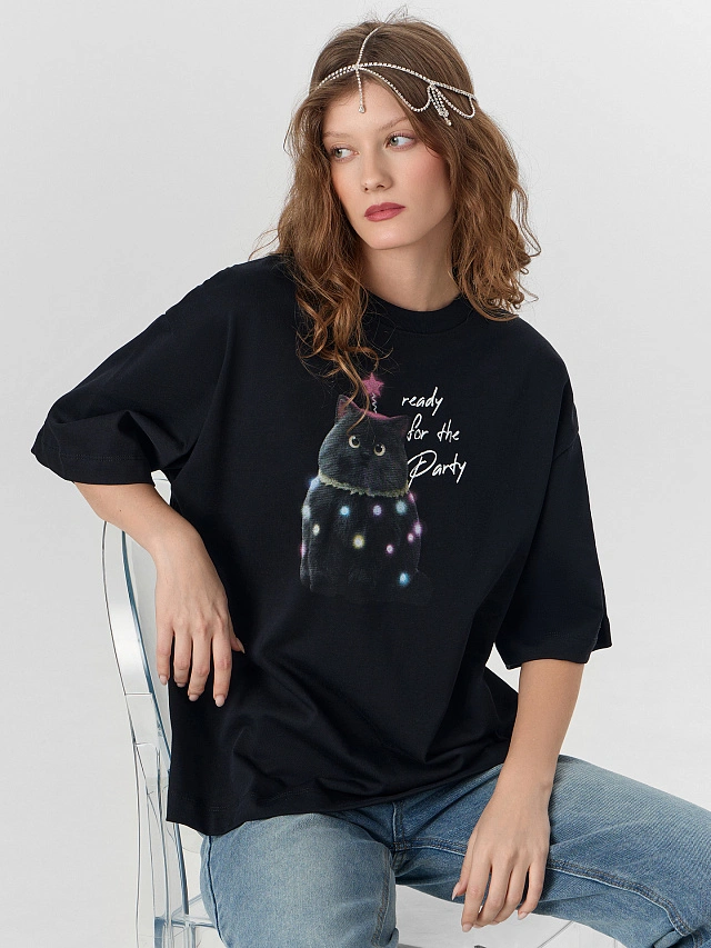 Футболка женская черная с надписью "Готова к вечеринке" - 6