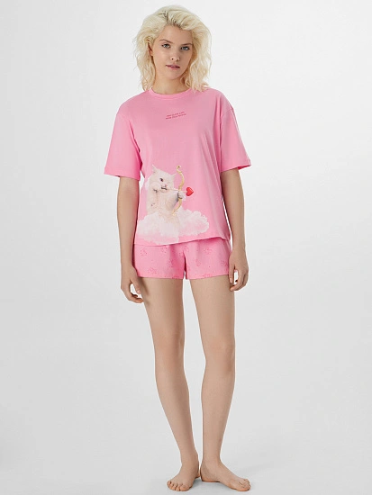 картинка Комплект домашний женский розовый с принтом кота от магазина стильной одежды Mark Formelle
