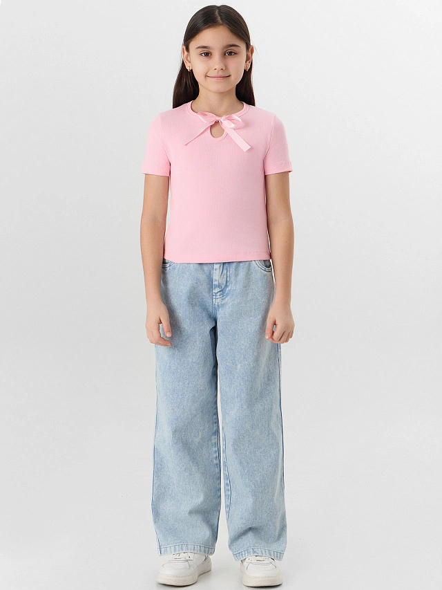 Футболка для девочек розовая с декоративным бантиком - 3