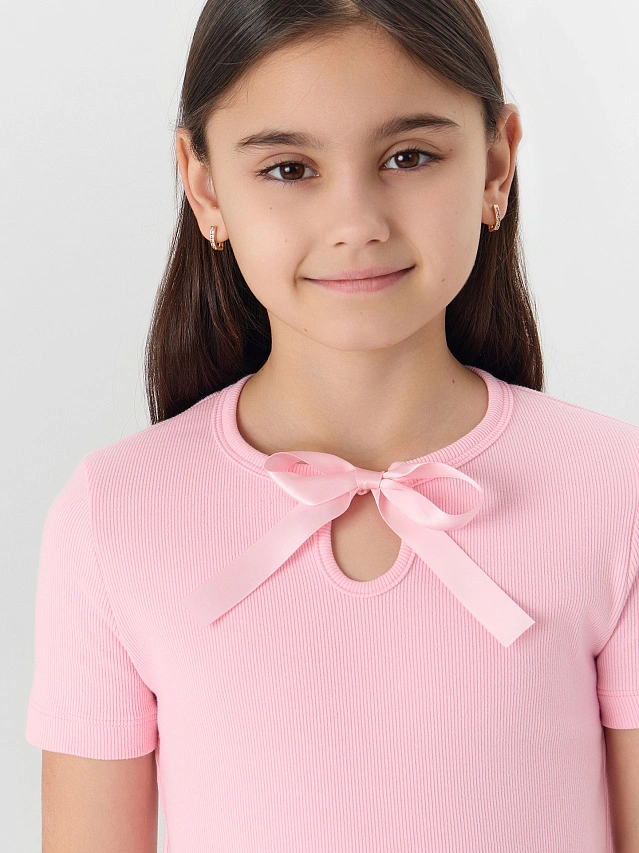 Футболка для девочек розовая с декоративным бантиком - 4