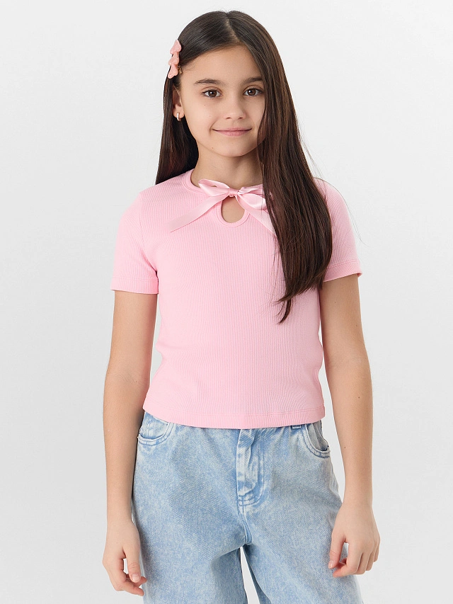 Футболка для девочек розовая с декоративным бантиком - 5