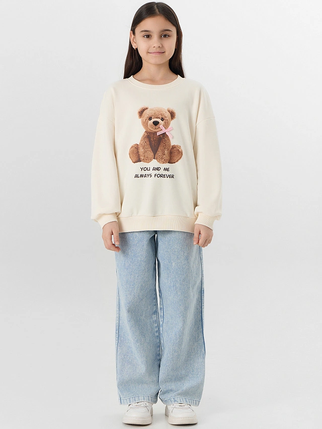 Свитшот для девочек бежевый с принтом мишки - 3