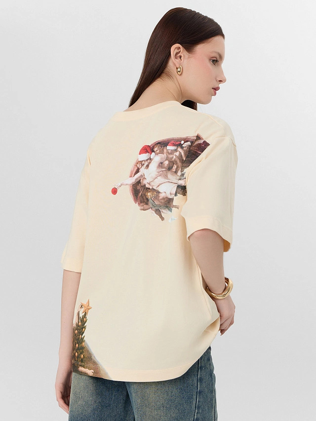 Футболка оверсайз женская бежевая с принтом - 7