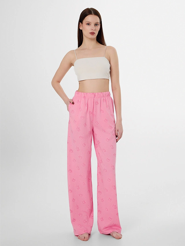 Брюки домашние женские розовые с принтом котиков-купидонов - 3