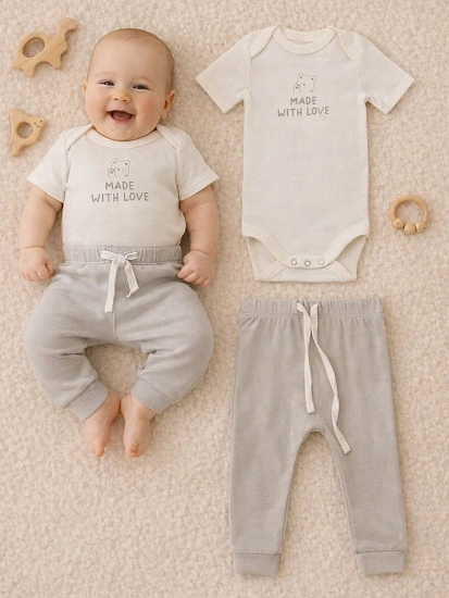 картинка Комплект детский бежевый с надписью: боди и ползунки от магазина Одежда+