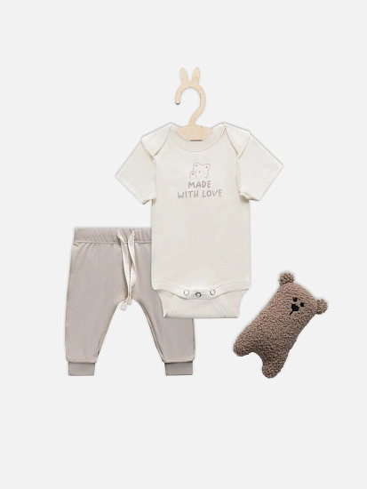 картинка Комплект детский серый с надписью: боди и ползунки от магазина Одежда+