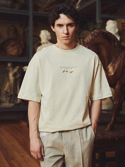 картинка Футболка мужская бежевая с художественным принтом  от магазина мужской одежды Mark Formelle