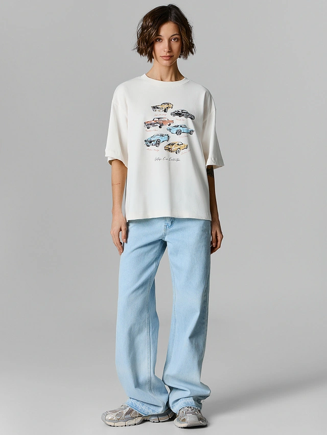 Футболка оверсайз женская молочная с принтом винтажных авто - 2