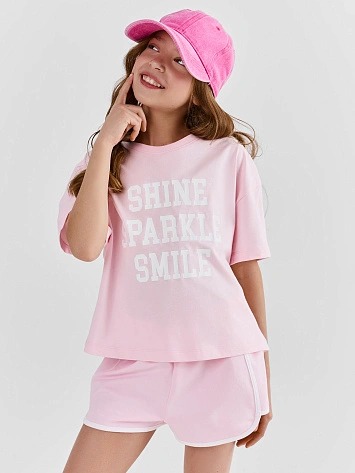 Комплект для девочек розовый с надписью прямого кроя