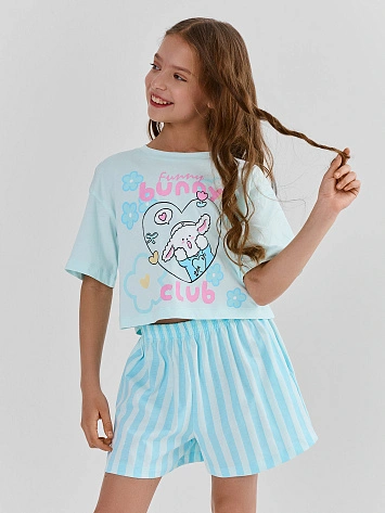 Комплект для девочек голубой с принтом из 100% хлопка