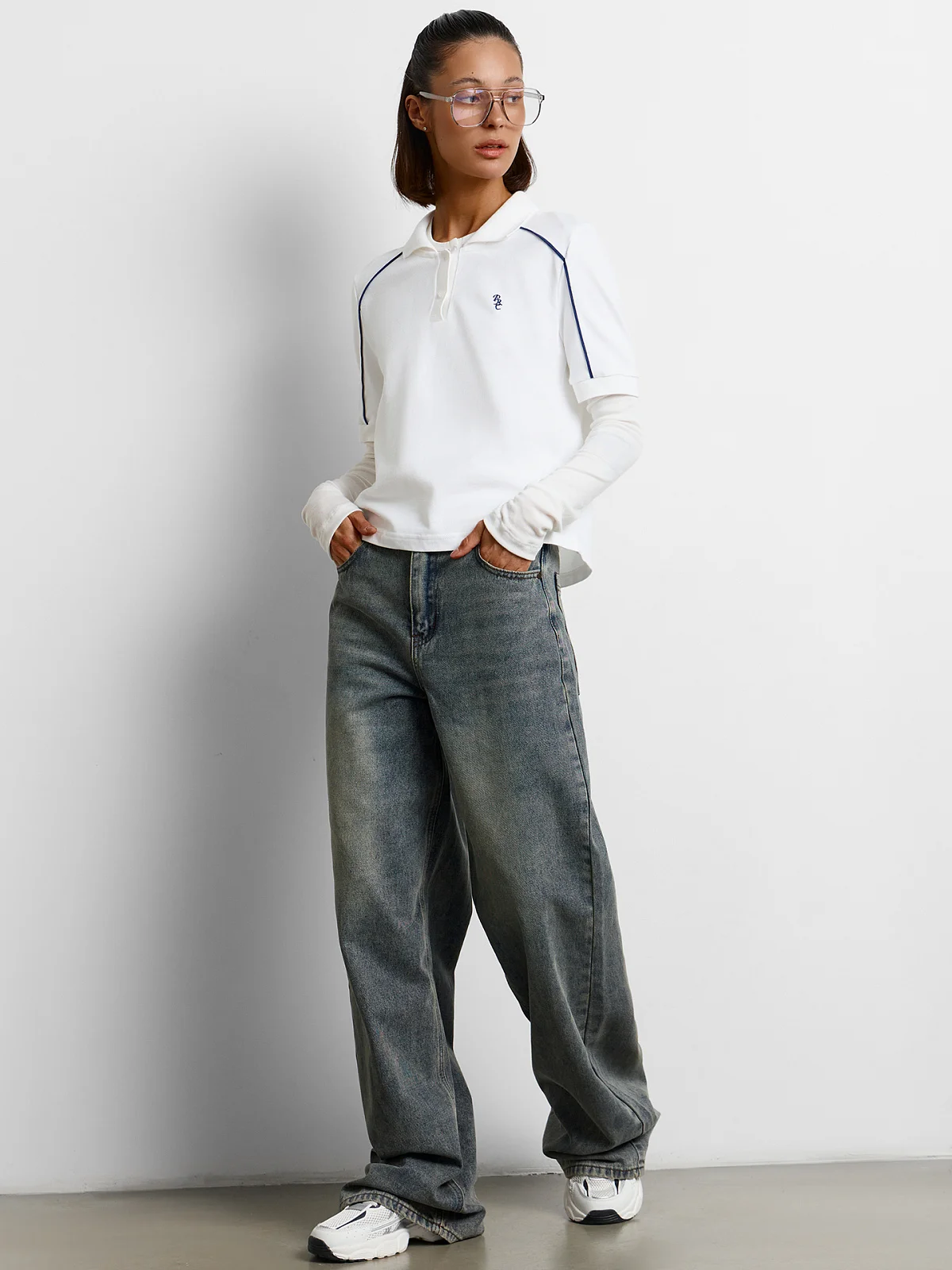 Джинсы женские baggy fit синие с эффектом выцветания