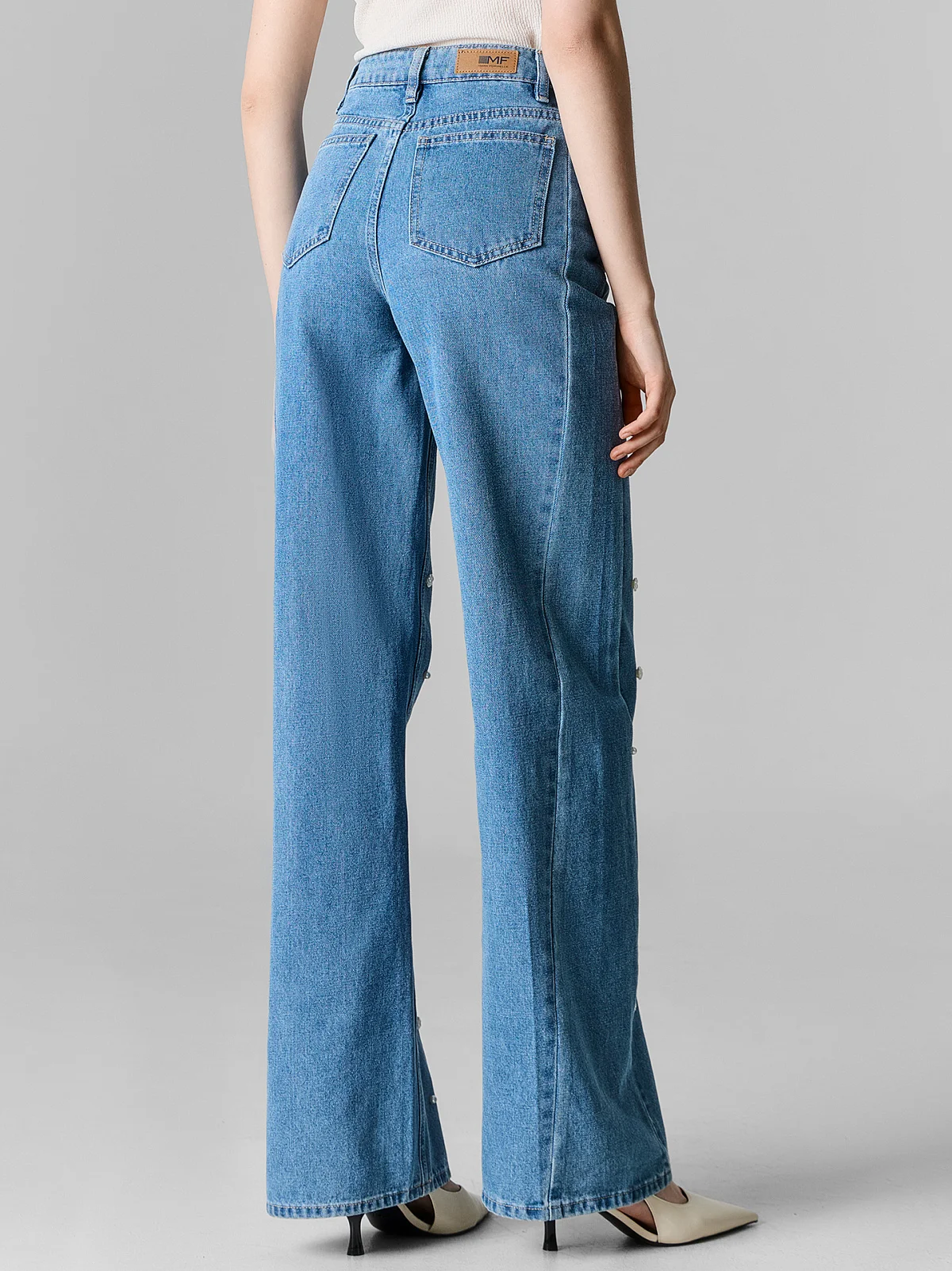 Джинсы Wide leg женские синие с декоративными элементами - 4
