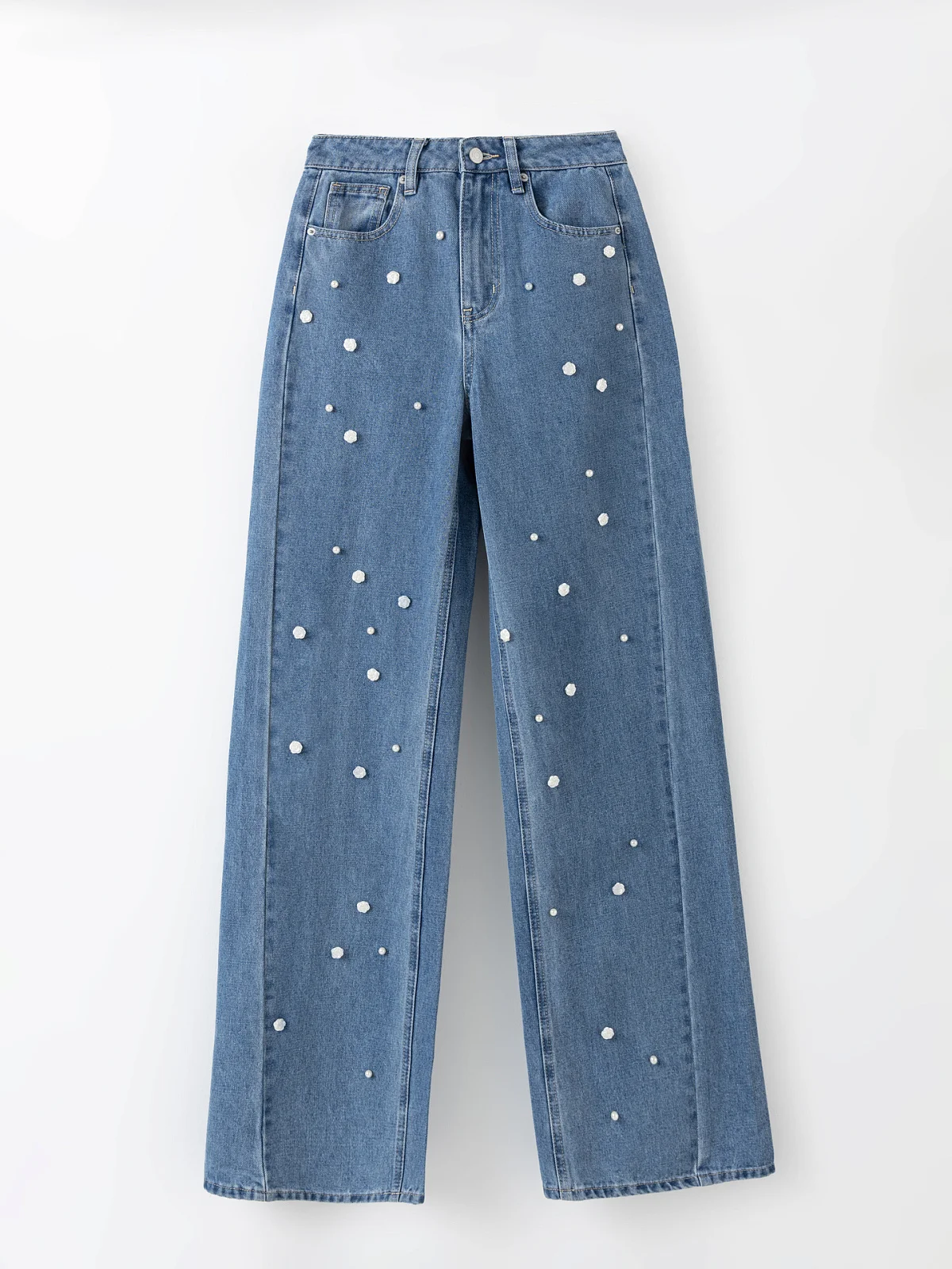 Джинсы Wide leg женские синие с декоративными элементами - 5